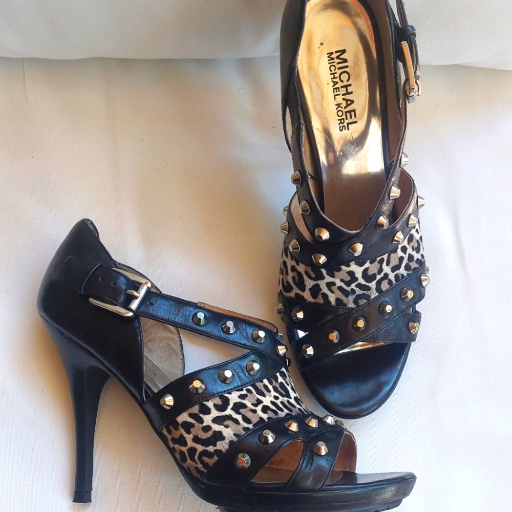Leather cheetah studded mary jane sandals